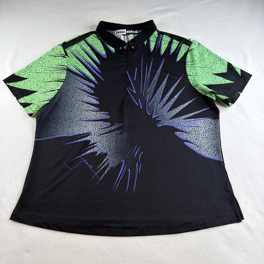 Jamie Sadock Womens XL Golf Polo Shirt Black Green Purple Stretch Abstract